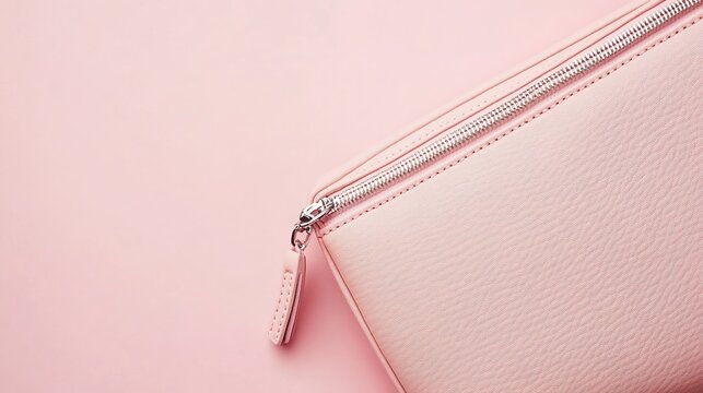 pouch. Luxury cosmetics pouch in blush pink leather, displayed in a flat lay with ample negative space. lifestyle magazines, social media lookbooks, designed for influencer and brand collaborations.