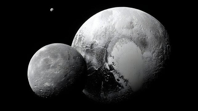 Detailed monochrome rendering of dwarf planet Pluto showing its distinctive icy heart feature next to its largest moon Charon.