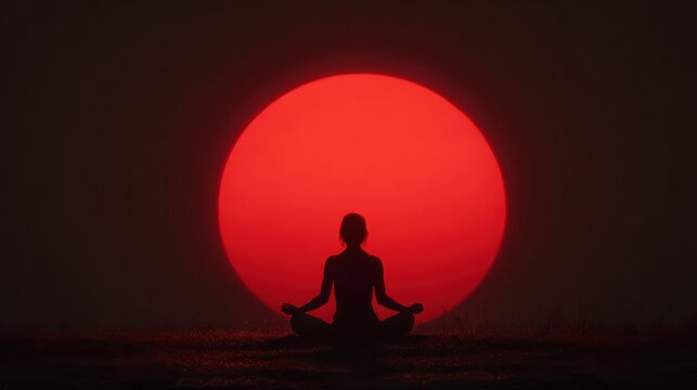 yoga pose silhouette of woman on open land with red sunset sun behind her, clean minimal horizon and dramatic lighting