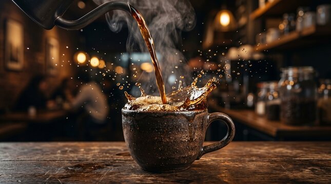 Steaming dark coffee pouring into a ceramic mug with splashes. Moody cafe background.