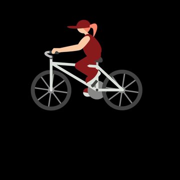 Woman riding bicycle, side view, red outfit, black background,Animated woman in red outfit riding a white bicycle