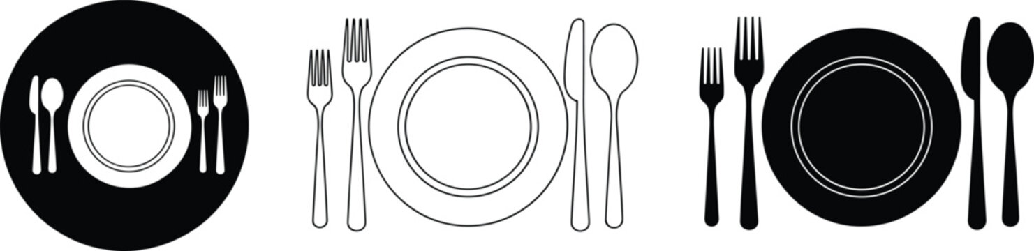 Three distinct graphic representations of place settings with plates forks spoons and knives dinnerware