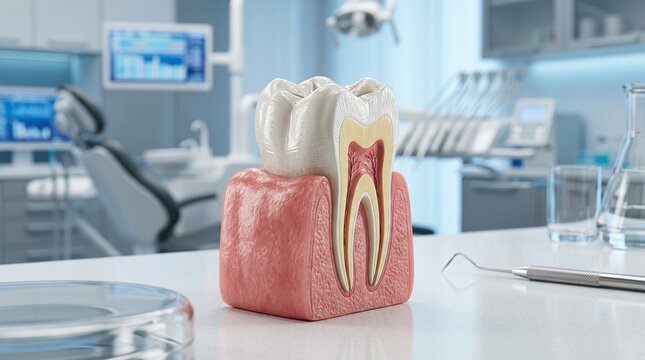 Anatomical cross section of molar tooth model on dentist office desk featuring enamel dentin pulp and root canal structures for dental education and healthcare professional practice.
