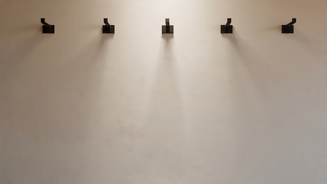Five small objects casting shadows on a plain surface indoors