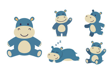 Fototapeta premium Cute baby hippo activity vector element set, kawaii hippopotamus cartoon characters pack