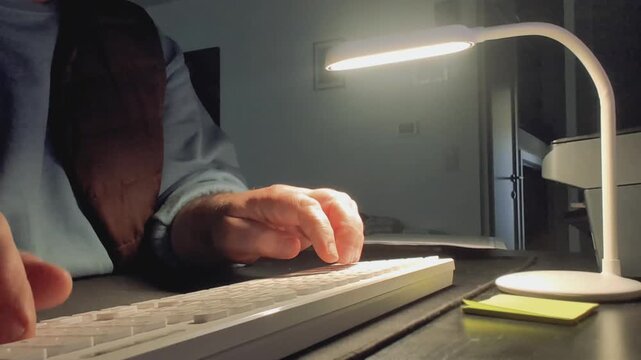 Hands typing on keyboard at desk in low light setting with soft sounds and clear focus on movement