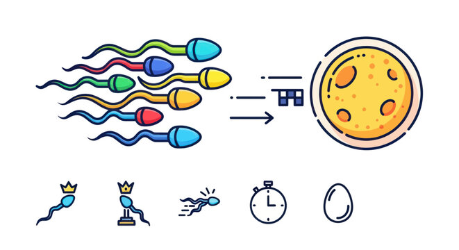 Sperm Cells Fertilizing Egg Icon Set: Conception, Fertility, Reproduction