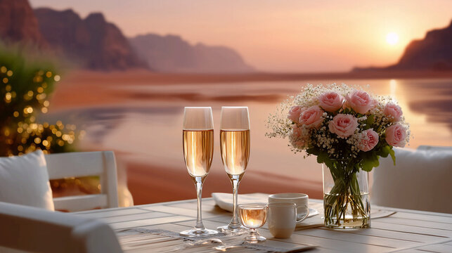 Romantic dinner setting with two glasses of champagne and a bouquet of pink roses on a table at sunset, beautiful beach resort or desert oasis background, luxury date concept. AI generated