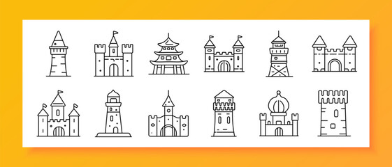 Fototapeta premium Castle architecture set icon. Line icons depict tower structures, fortified walls, palace building, gate entrances, watchtower forms, medieval constructions, varied silhouettes, historic stronghold
