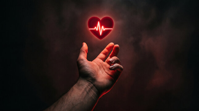 Human hand reaching towards a glowing red heart symbol with an electric pulse line inside it