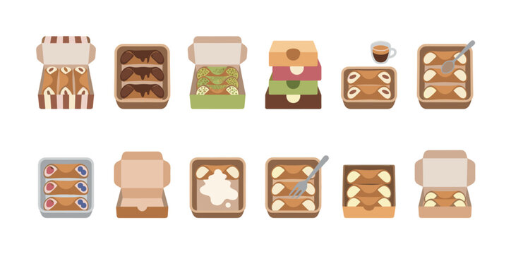 Collection of various sweet pastry desserts in different boxes and containers, including cannoli and other treats, presented as a flat vector illustration on a white background