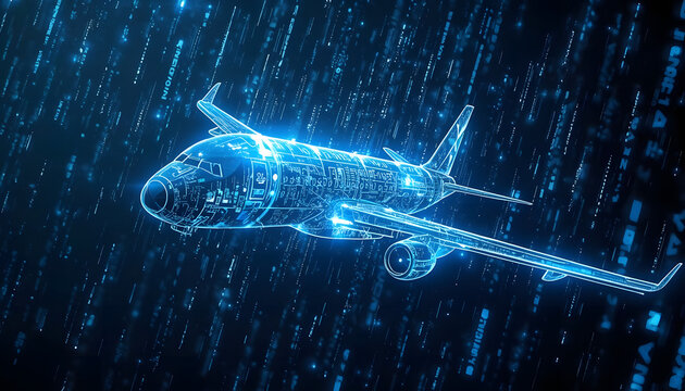 Digital airplane illustration with blue matrix code rain technology and transportation concept