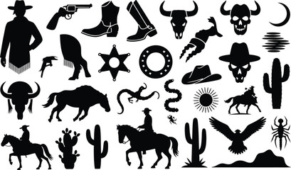 Black silhouette collection of various animals and isolated on white bird wolf © SUMAIA