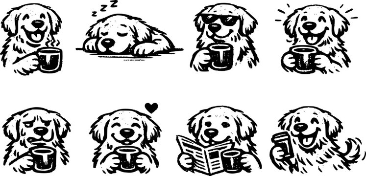 Golden Retriever Dog with Coffee Different Moods Playful Naive Doodle Set Vector Art Illustration