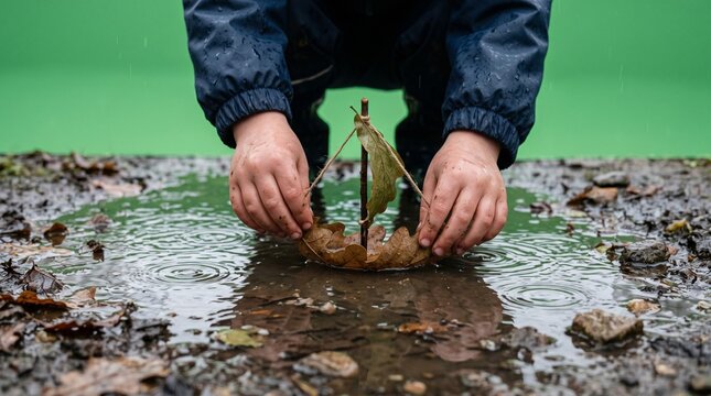 Hands planting young tree sapling in wet soil with green blurred background