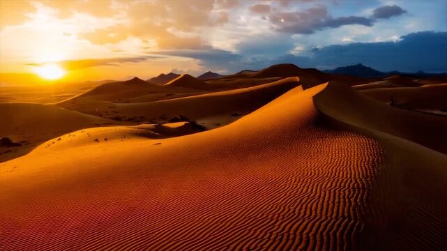 Vast desert landscape at sunset, sun casting warm light over towering sand dunes