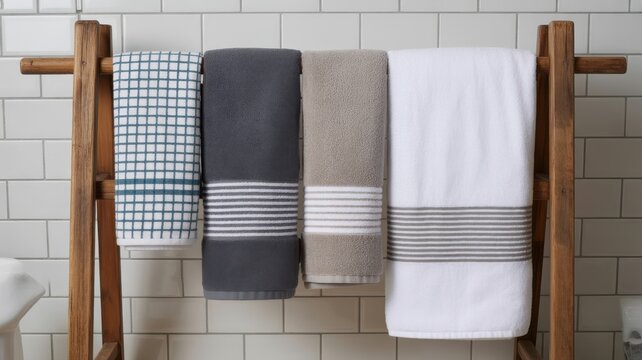 Bathroom Towels Hanging on a Wooden Ladder Rack