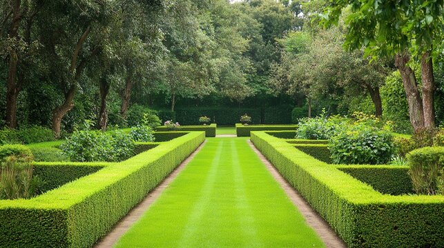 topiary. Perfectly trimmed hedge maze with straight green walls and geometric patterns in soft daylight. gardening catalogs, home-decor guides, designed for home decor and floral branding.
