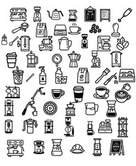 Naklejka premium Collection of coffee, tea, and kitchen appliance icons in black and white