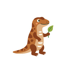 Obraz premium Cute brown komodo dragon holding green leaf vector illustration, funny lizard cartoon