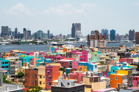 Cijin old town with colorful buildings and skyline, Kaohsiung, Taiwan