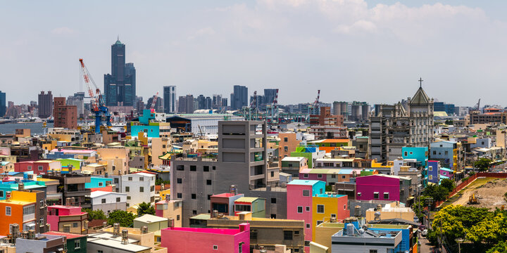 Panoramic of Cijin old town with colorful buildings and skyline, Kaohsiung, Taiwan