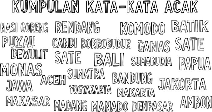 Black and White Line Art Collection of Indonesian Words: Food, Places, Culture