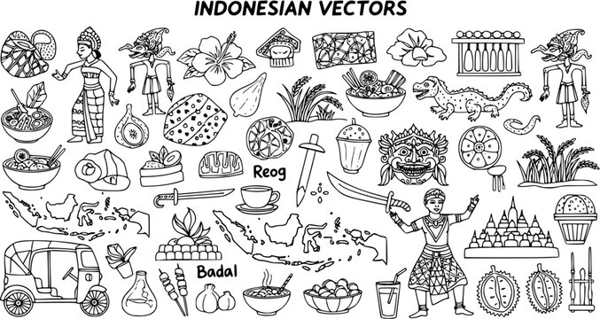 Indonesian Culture and Travel Icons - Black and White Line Art Vector Set