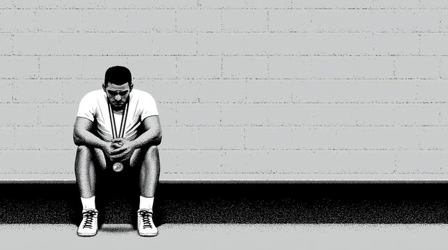 Victory Emotional Emptiness Athlete Alone Locker Room Medal Staring Floor Line Art | Black & White Ink Illustration

