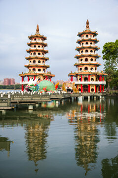 Dragon and Tiger pagodas at sunset, Zuoying, Kaohsiung, Taiwan
