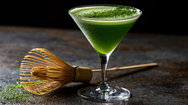 Matcha cocktail green martini iced drink glass alcohol bar foam garnish dark background selective focus Smooth matcha cocktail elegant green martini glass with foam garnish rustic bar counter