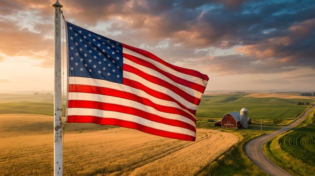 Rustic american landscape featuring golden wheat fields, red barn, and flag ideal for patriotic, farm, and ruralthemed designs.