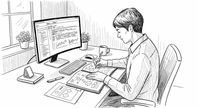 Young man coding at desk, drawing flowcharts, modern workspace, hand-drawn sketch