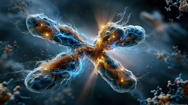 Scientific fine art visualization of chromosome 2 carrying PAX3 gene associated with Waardenburg syndrome, beautifully rendered chromosome structure floating in deep cosmic dark background