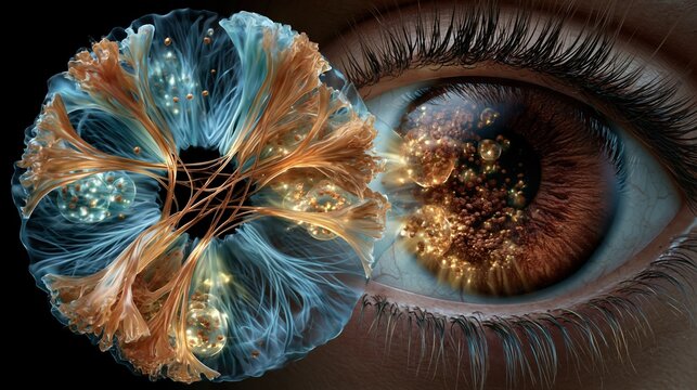 Illustration of two irises affected by Waardenburg syndrome heterochromia, one iris ice-blue with sparse melanocytes shown as glowing cellular structures within trabecular meshwork