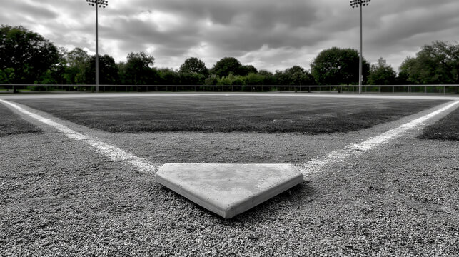 Baseball field base diamond stadium sport grass dirt empty outdoor dramatic sky view of baseball field home plate with white foul line angle and storm cloud above for background design