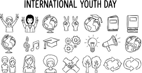 Fototapeta premium International Youth Day Vector Icons: Globes, Books, Graduation Cap, Music, People, Ideas - Black and White Line Art