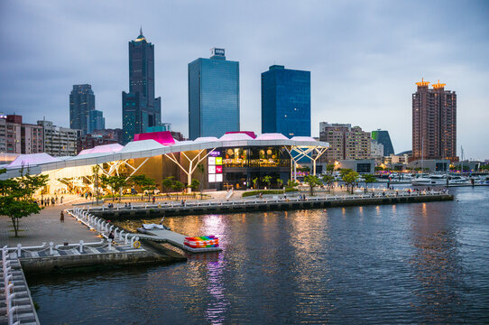 Waterfront and downtown skyline at dusk, Kaohsiung, Taiwan