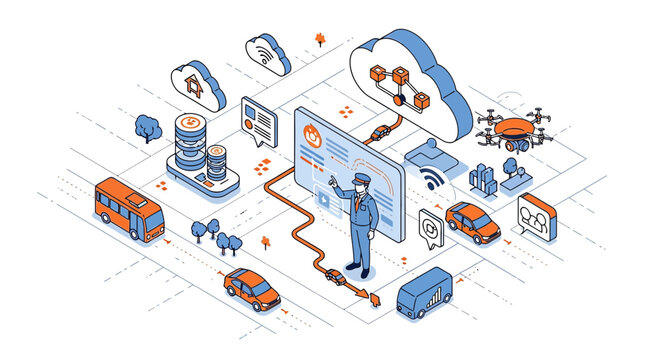 Smart City Network Concept: IoT, AI, Cloud, Transport, Drone