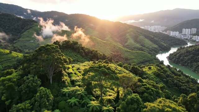 Aerial view of lush green mountains and cityscape at sunrise with misty valleys and winding river