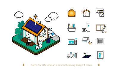 GX志向型住宅のアイソメイラスト＆アイコン。高気密高断熱、HEMS,ZEH、パッシブデザイン、日射取得日射遮蔽、太陽光発電、省エネ住宅、V2H © pomme