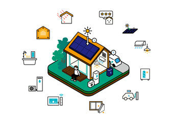 GX志向型住宅のアイソメイラスト＆アイコン。高気密高断熱、HEMS,ZEH、パッシブデザイン、日射取得日射遮蔽、太陽光発電、省エネ住宅、V2H © pomme