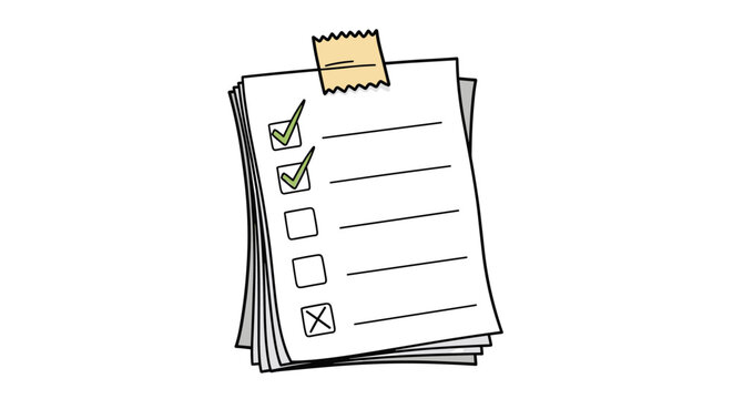 Hand-drawn checklist on a stack of papers shows tasks completed with green checkmarks and one item marked with a cross for errors.