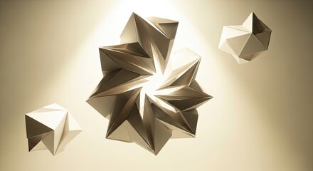 Geometric origami paper sculptures unfolding in warm radiant backlit studio light Surreal Silliness Concept Design