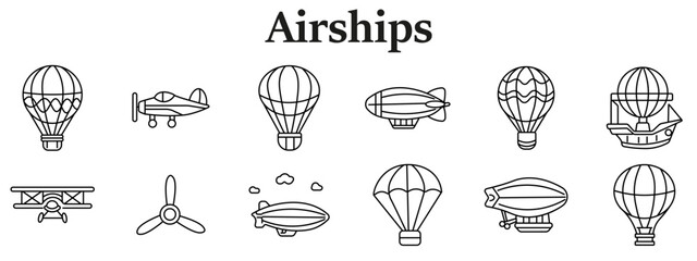 Airship transport set icon. Hot air balloon, airplane, striped balloon, blimp, patterned balloon, flying boat, biplane, propeller, dirigible, parachute balloon line style © Кирилл Макаров