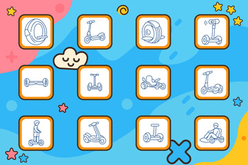 Personal transport set icon. Scooter, segway, monowheel, hoverboard, electric vehicle, ride, urban mobility, street, modern transport, eco travel, device, wheel, balance, commute © Кирилл Макаров