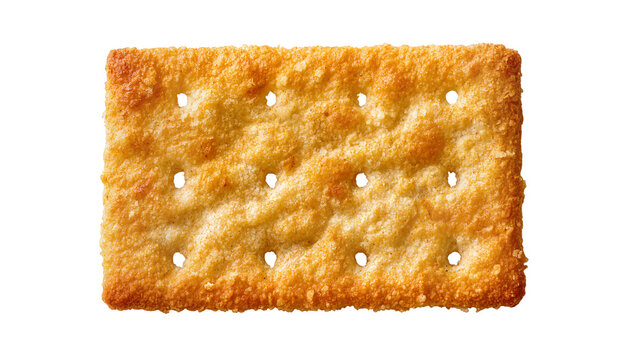 Golden brown rectangular cracker with perforated holes, isolated on transparent background
