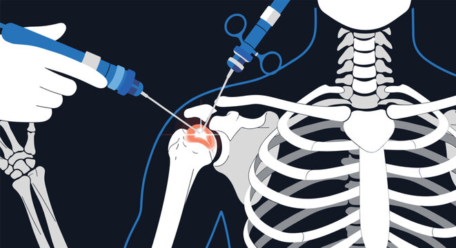 Arthroscopic shoulder surgery is illustrated on a human skeleton model showing the insertion of surgical tools for joint repair.