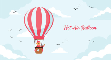 Fototapeta premium Cartoon illustration of a red and white striped hot air balloon floating in a light blue sky with clouds and birds.