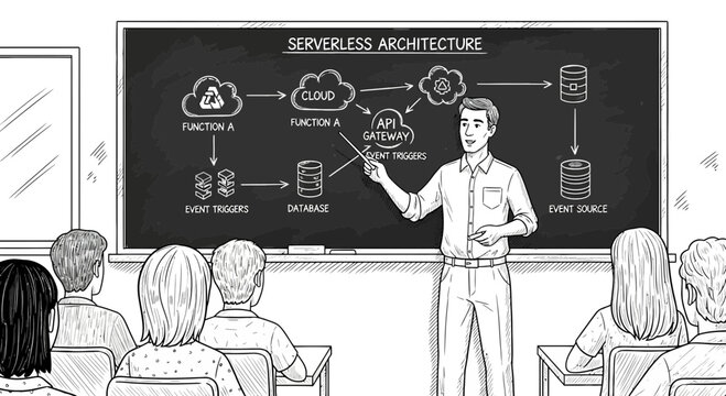 Teacher explaining serverless architecture diagram on chalkboard to students
